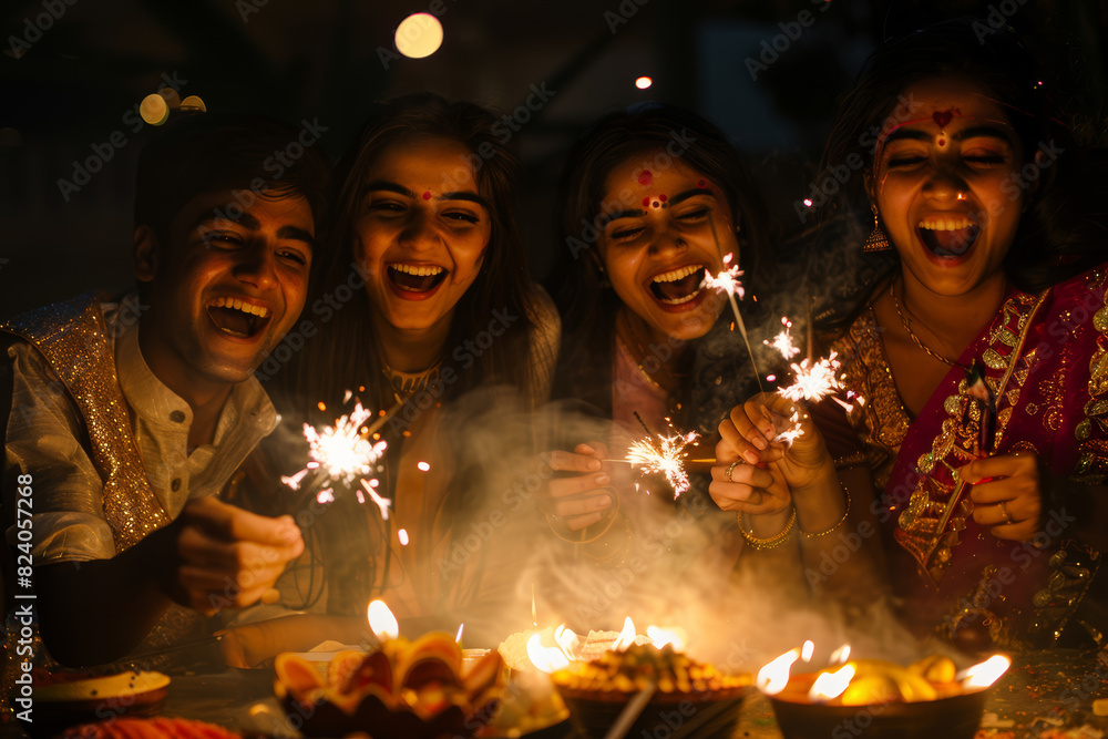 A group of Indian friends celebrating Diwali with sparklers and sweets, their laughter echoing through the night. Concept of cultural festivity and camaraderie. Generative Ai. A group of Indian friends celebrating Diwali with sparklers and sweets, their laughter echoing through the night. Concept of cultural festivity and camaraderie. Generative Ai.
