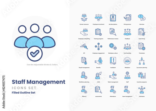 Staff management icons collection. Set contains such Icons as employee, team, leader, manager, recruitment, training, onboarding, performance, appraisal, and more