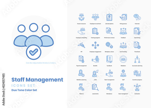 Staff management icons collection. Set contains such Icons as employee, team, leader, manager, recruitment, training, onboarding, performance, appraisal, and more