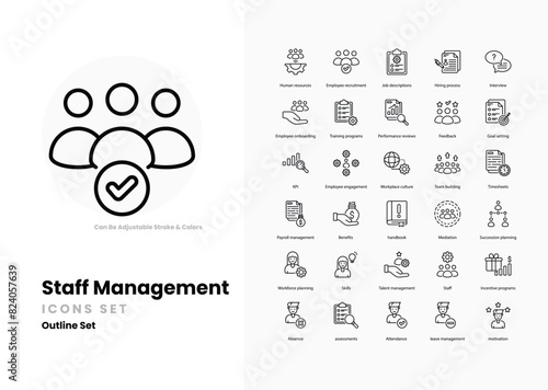 Staff management icons collection. Set contains such Icons as employee, team, leader, manager, recruitment, training, onboarding, performance, appraisal, and more