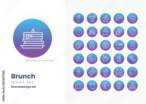 Brunch icons collection. Set contains such Icons as breakfast, lunch, eggs, pancakes, waffles, bacon, toast, coffee, juice, mimosas, avocado toast, and more