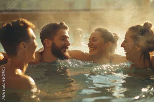 A group of friends enjoying a banya experience, laughing and chatting as they relax in the steam room and plunge into icy water. Concept of cultural wellness and camaraderie. Generative Ai. photo