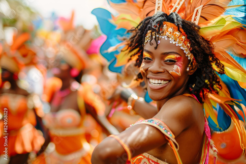 A lively Caribbean carnival parade, with dancers in elaborate costumes moving to the infectious rhythms of soca and calypso music. Concept of cultural festivity and jubilation. Generative Ai.