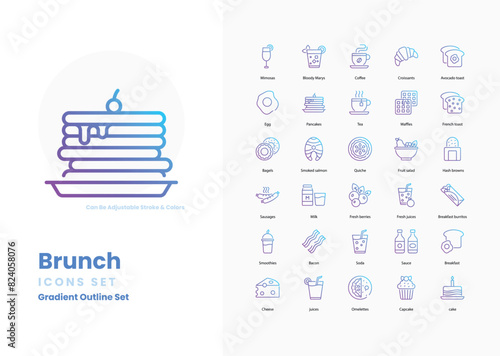 Brunch icons collection. Set contains such Icons as breakfast, lunch, eggs, pancakes, waffles, bacon, toast, coffee, juice, mimosas, avocado toast, and more