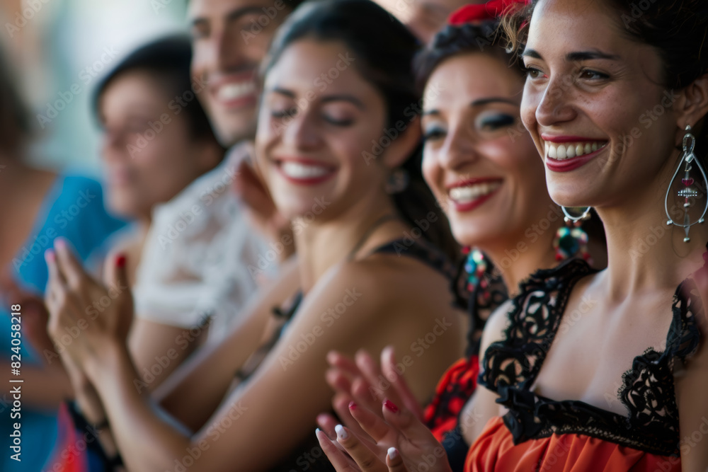 A group of Spanish friends gathering for a festive flamenco dance performance, clapping and stomping along to the passionate rhythms.  Generative Ai.