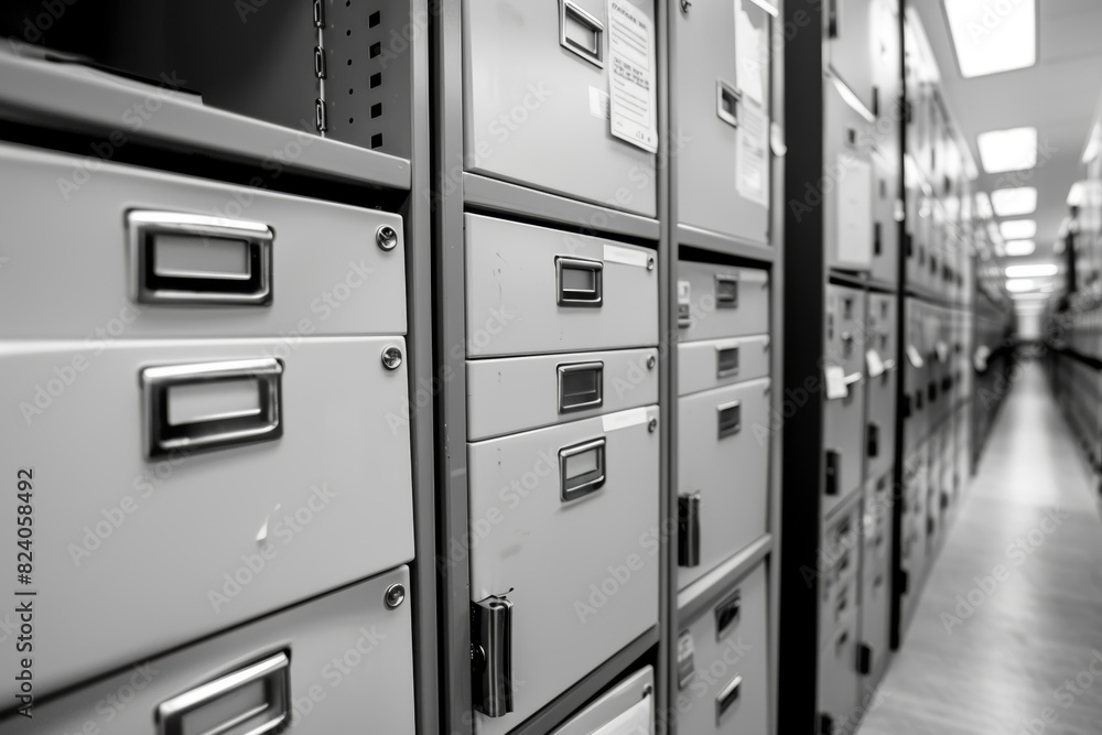 A row of filing cabinets where administrative assistants meticulously organize and file documents, maintaining order amidst the chaos of daily operations. Generative Ai. A row of filing cabinets where administrative assistants meticulously organize and file documents, maintaining order amidst the chaos of daily operations. Generative Ai.