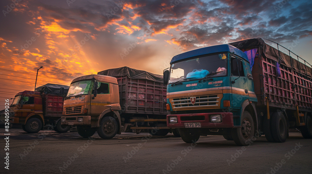 Vintage Trucks Parked at Sunset, A Nostalgic Glimpse into the World of Classic Vehicles and Timeless Transportation