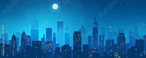 City skyline under full moon and starry sky