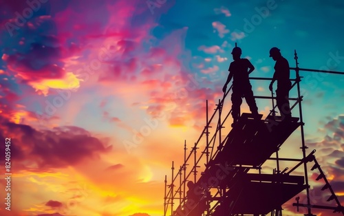Construction workers on a scaffold at sunset, silhouetted against a vibrant sky. © OLGA