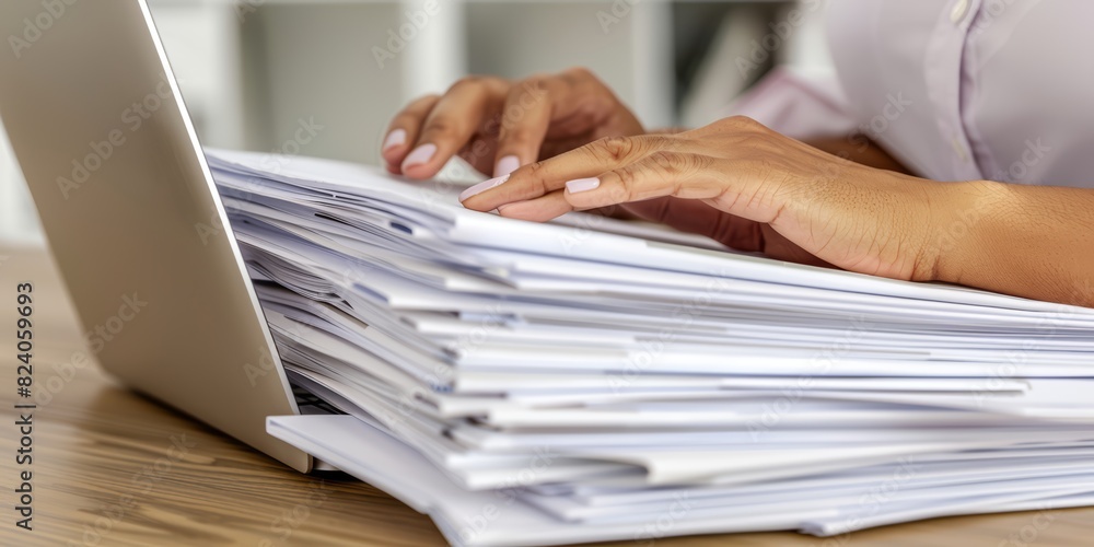 Close-Up of Hands Managing Documents and Typing on a Laptop, Representing Productivity, Organization, and Professionalism in a Modern Workspace Close-Up of Hands Managing Documents and Typing on a Laptop, Representing Productivity, Organization, and Professionalism in a Modern Workspace
