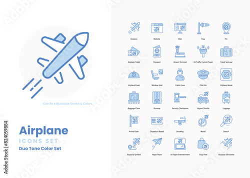 Airplane icons collection. Set contains such Icons as Runway, Departure, Arrival, Boarding, Cabin, Air Traffic Control, Sky, Clouds, Takeoff, Landing, and more
