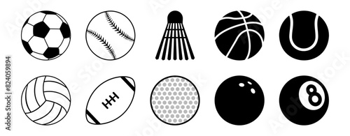 Sports balls minimal flat icon set. Baseball, American Football, Soccer, Volleyball, Golf, Basketball, Tennis. Trendy logo designs photo