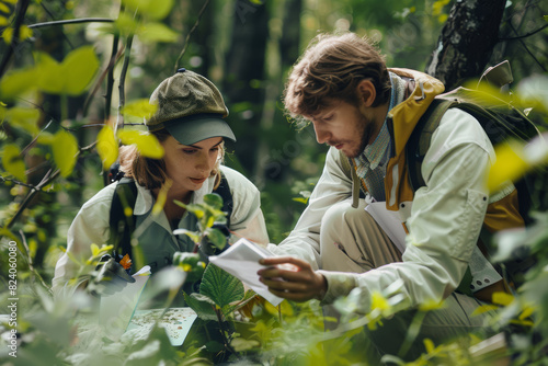 Young scientists conducting field research in a forest, documenting plant and animal species and observing ecosystems in their natural habitat. Generative Ai.