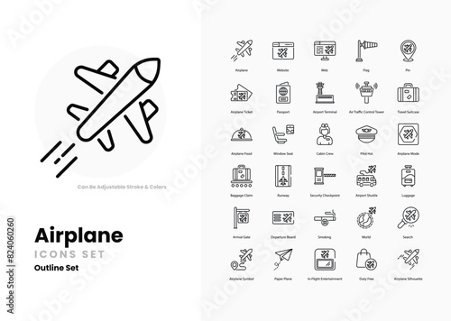 Airplane icons collection. Set contains such Icons as Runway, Departure, Arrival, Boarding, Cabin, Air Traffic Control, Sky, Clouds, Takeoff, Landing, and more