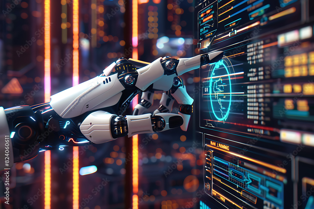 A robot hand presses with the index finger on the holographic screen choosing options in a futuristic interface. A robot hand presses with the index finger on the holographic screen choosing options in a futuristic interface.