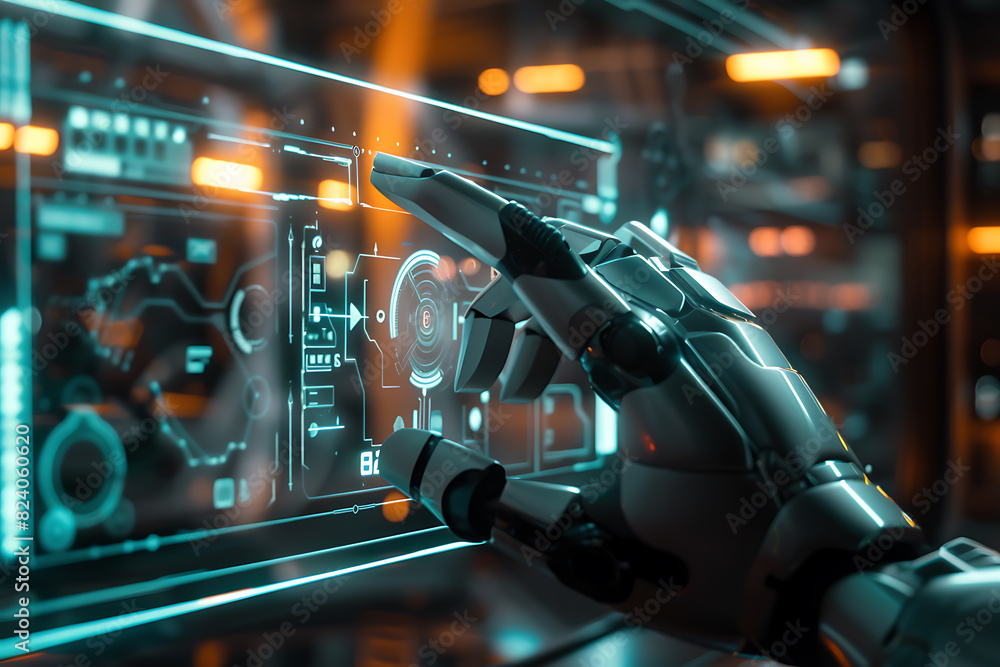 A robot hand presses with the index finger on the holographic screen choosing options in a futuristic interface. A robot hand presses with the index finger on the holographic screen choosing options in a futuristic interface.