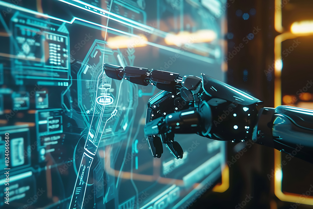 A robot hand presses with the index finger on the holographic screen choosing options in a futuristic interface. A robot hand presses with the index finger on the holographic screen choosing options in a futuristic interface.