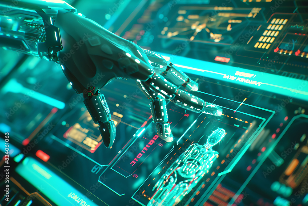 A robot hand presses with the index finger on the holographic screen choosing options in a futuristic interface. A robot hand presses with the index finger on the holographic screen choosing options in a futuristic interface.