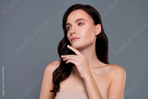 Photo of brunette hair lady touch chin look isolated grey color background