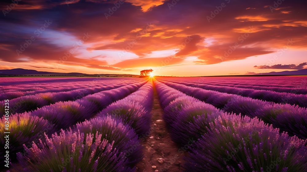 Sunset over a lavender field in full bloom, with the purple flowers stretching into the horizon Sunset over a lavender field in full bloom, with the purple flowers stretching into the horizon