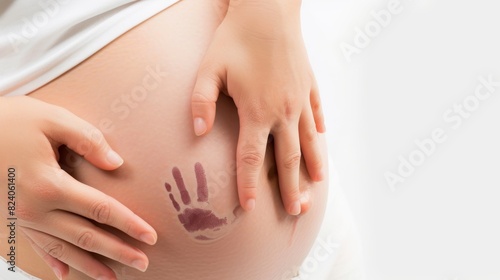 A close-up image of a pregnant woman s belly featuring a purple handprint  a creative representation of pregnancy.
