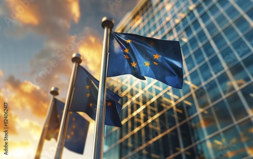 EU flags fluttering in front of a modern glass building under a radiant sky.