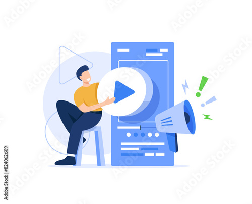 Online lecture,internet course watch on mobile phone,digital technology,remote education,play button on screen of smartphone, music player