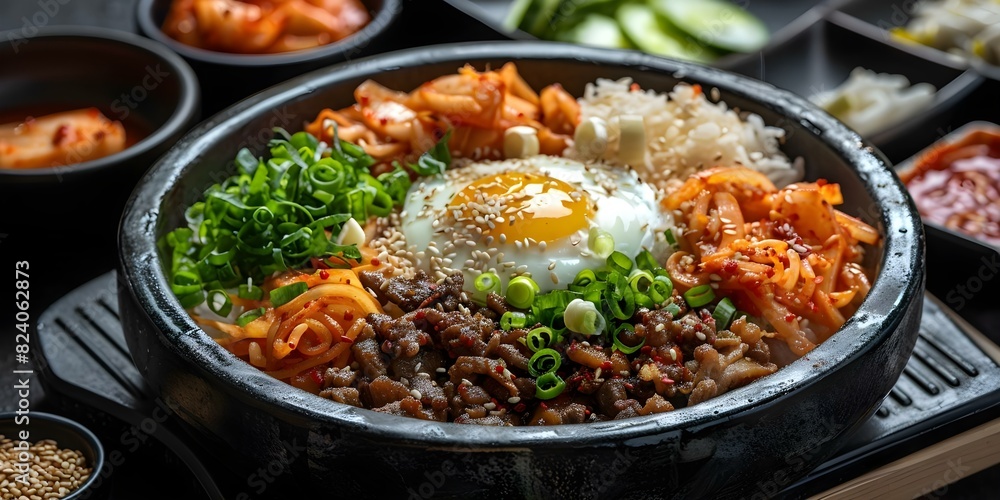 Topdown view of Korean hot stone pot rice with various ingredients. Concept Korean Cuisine, Hot Stone Pot Rice, Topdown View, Food Photography, Ingredient Showcase Topdown view of Korean hot stone pot rice with various ingredients. Concept Korean Cuisine, Hot Stone Pot Rice, Topdown View, Food Photography, Ingredient Showcase