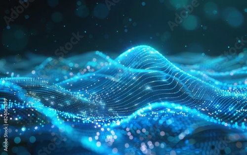 Flowing blue digital wave with glowing particles and mesh network.