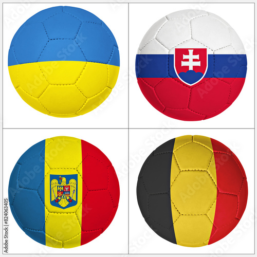 Euro Cup  group e soccer balls with ukraine  slovakia  moldova and belgium team flag isolated on white