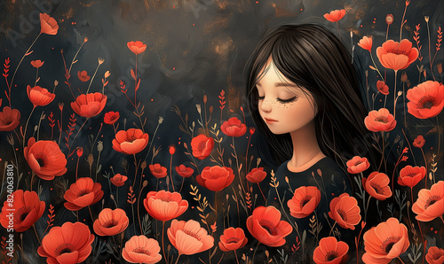 Girl in Red Flower Field.