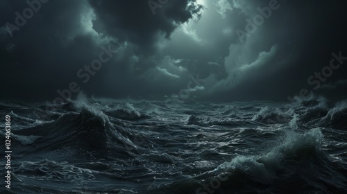 Ominous stormy sea with turbulent waves under dark  dramatic sky  evoking sense of power and nature s fury