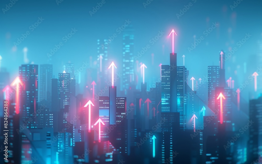 Futuristic city skyline with glowing arrow silhouettes rising amidst neon lights.