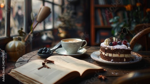 A cozy cafe setting featuring a still life of a cup of cappuccino and cake with a book