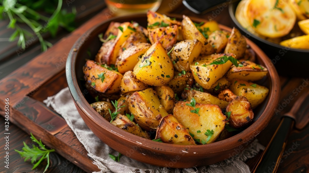 A delicious serving of fried potatoes seasoned with a mix of aromatic herbs, perfect for a savory side dish A delicious serving of fried potatoes seasoned with a mix of aromatic herbs, perfect for a savory side dish