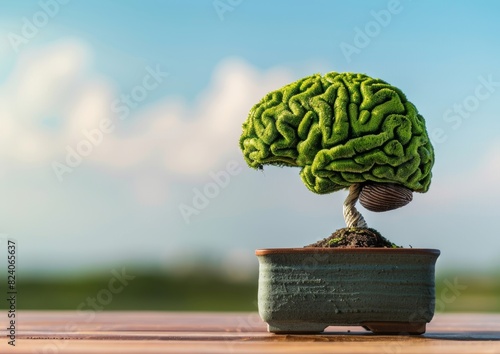 A green bonsai tree shaped like the human brain on a wooden table with a blue sky background