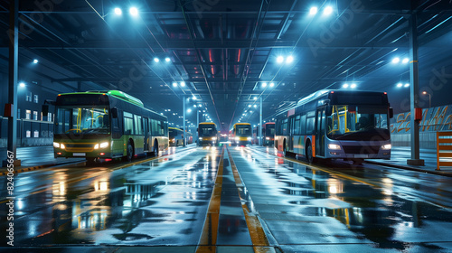 modern city bus terminal  many buses at station  public transport depot and parking  EV electric vehicle transportation