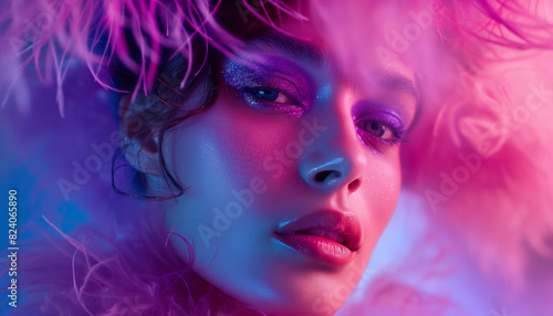 High Fashion model girl in colorful bright neon lights posing in studio through transparent film. Portrait of beautiful sexy woman in UV. Art design colorful make up. On colourful vivid background 