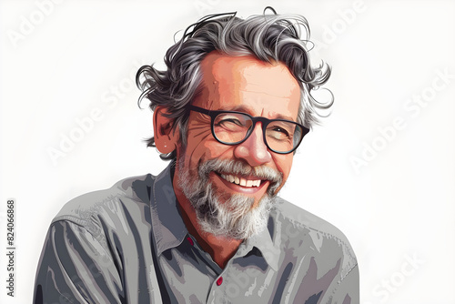 Smiling older man portrait illustration, perfect for depicting happiness, wisdom, and a warm, friendly atmosphere.