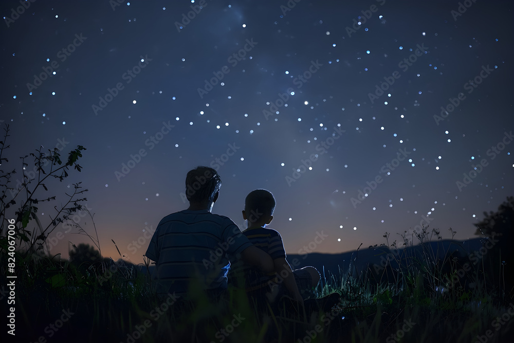 Dad and child stargazing under a clear, starry night sky, perfect for Father's Day or Son's Day designs celebrating family and bonding time. Dad and child stargazing under a clear, starry night sky, perfect for Father's Day or Son's Day designs celebrating family and bonding time.