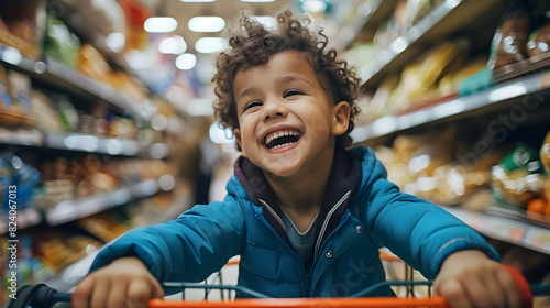 Young boy smiling and having fun while pushing a shopping cart in a grocery store aisle. Perfect for depicting childhood joy and family shopping experiences.