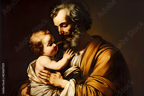 A painting of St. Joseph holding baby Christ, symbolizing fatherhood and care, perfect for Christian themes and Father's Day design projects. © Arma