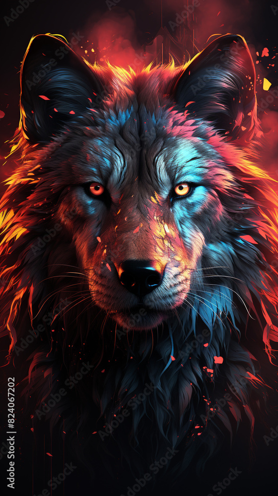 Wolf With Colorful Eyes on Black Background Wolf With Colorful Eyes on Black Background