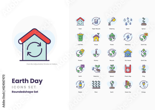 Earth day icons collection. Set contains such Icons as Recycling, Tree, Globe, Nature, Sustainability, Green Energy, Solar Panels, Wind Turbine, Eco-friendly, Conservation, Earth, Environment, and mor