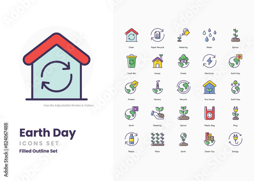 Earth day icons collection. Set contains such Icons as Recycling, Tree, Globe, Nature, Sustainability, Green Energy, Solar Panels, Wind Turbine, Eco-friendly, Conservation, Earth, Environment, and mor