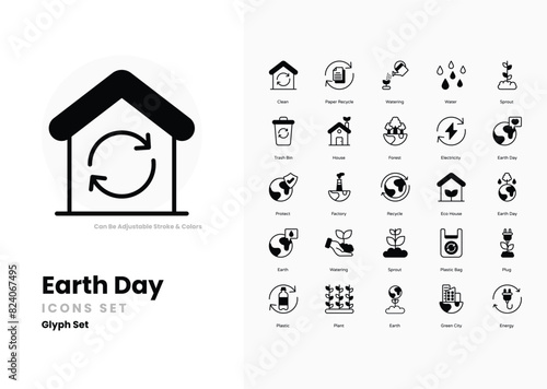 Earth day icons collection. Set contains such Icons as Recycling, Tree, Globe, Nature, Sustainability, Green Energy, Solar Panels, Wind Turbine, Eco-friendly, Conservation, Earth, Environment, and mor