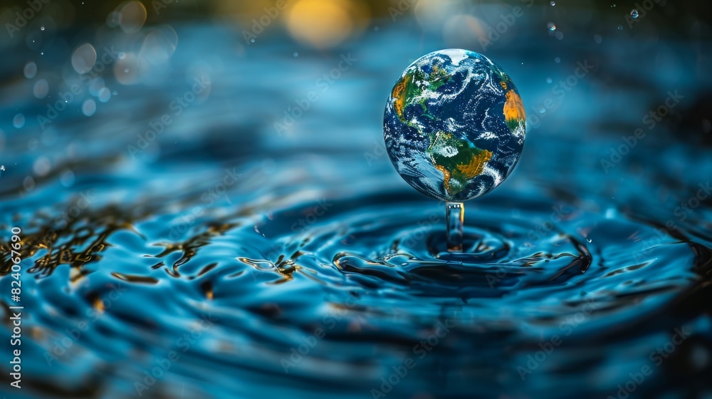 World Water Day concept with world in clean water drop on and fresh blue water ripples design, Environment save and ecology theme concept, 