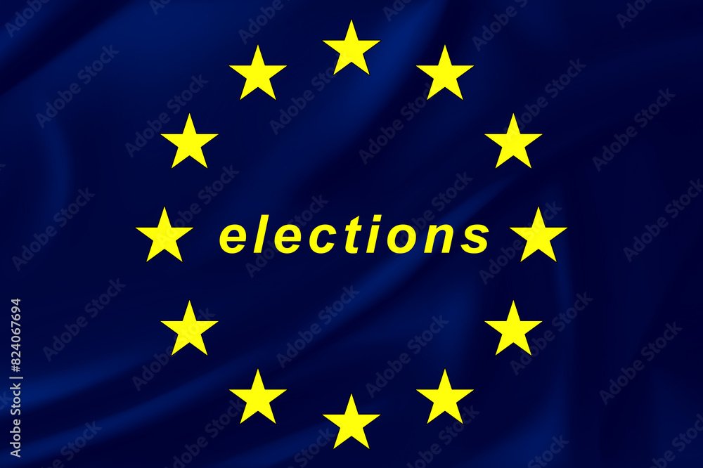 European elections, the stars and colors of the European flag with the text elections in the middle, the European flag in illustrated graphic form, voting in the polls on election day. European elections, the stars and colors of the European flag with the text elections in the middle, the European flag in illustrated graphic form, voting in the polls on election day.