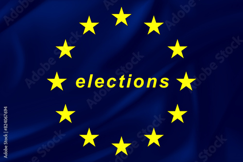 European elections, the stars and colors of the European flag with the text elections in the middle, the European flag in illustrated graphic form, voting in the polls on election day.