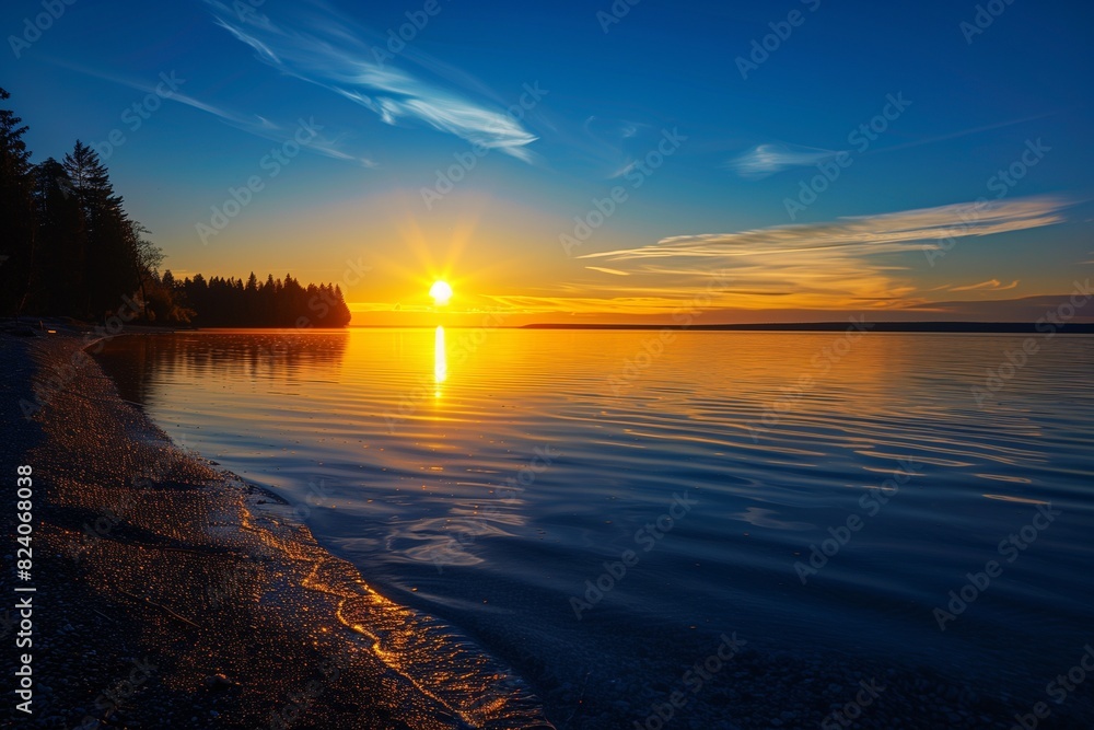 Obraz premium : A tranquil sunset at the coast of a serene northern European lake, where the blue sky meets the golden sunlight reflecting on the calm water, with silhouettes of distant pine trees on the horizon.